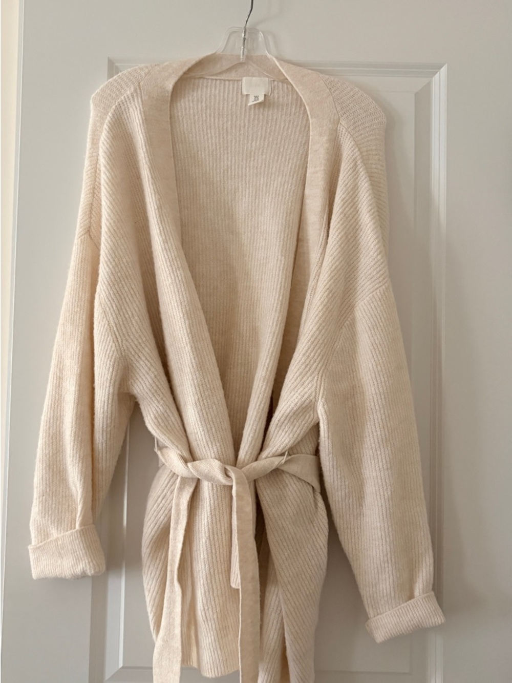 H&M Cream Ribbed Tie-Waist Women's Sweater Cardigan